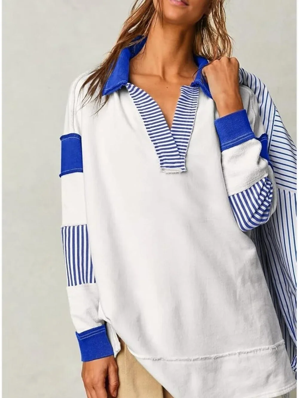 Free People We The Free Clean Prep Polo Pullover Top Oversized Striped Medium
